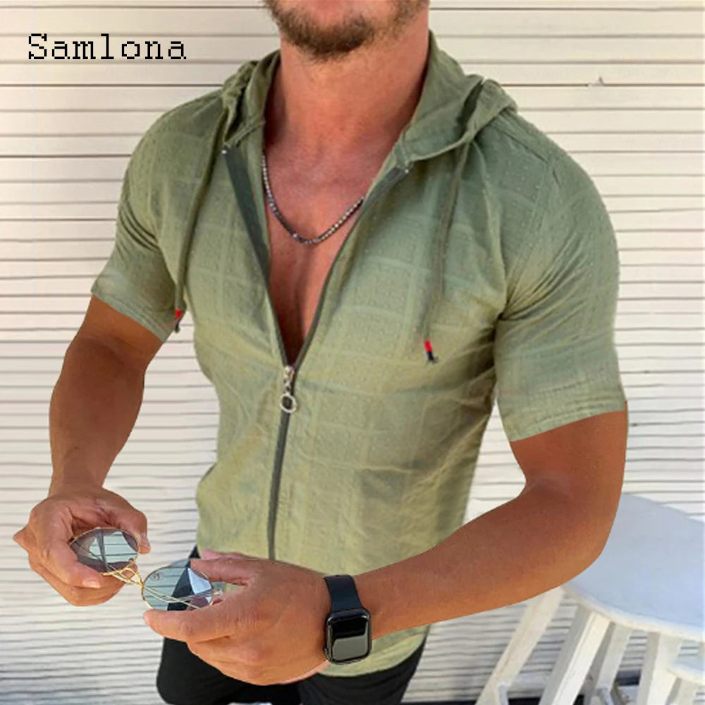 Fashion Long/Short sleeved Hoodie Zipper T shirt Men clothing Summer Solid color Casual Plaid print Open Stitch Thin Tshirt Mens