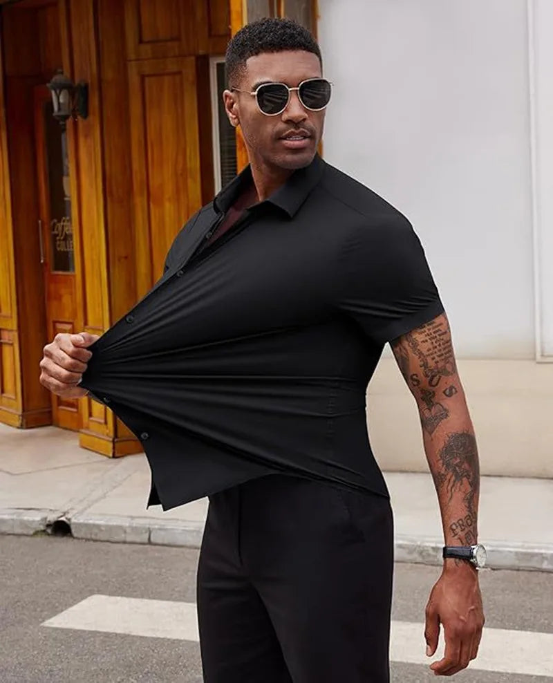 High Quality Summer Business Shirts For Men Short Sleeve Button Wrinkle Free Elasticity Social Black Office Dress Shirts US Size