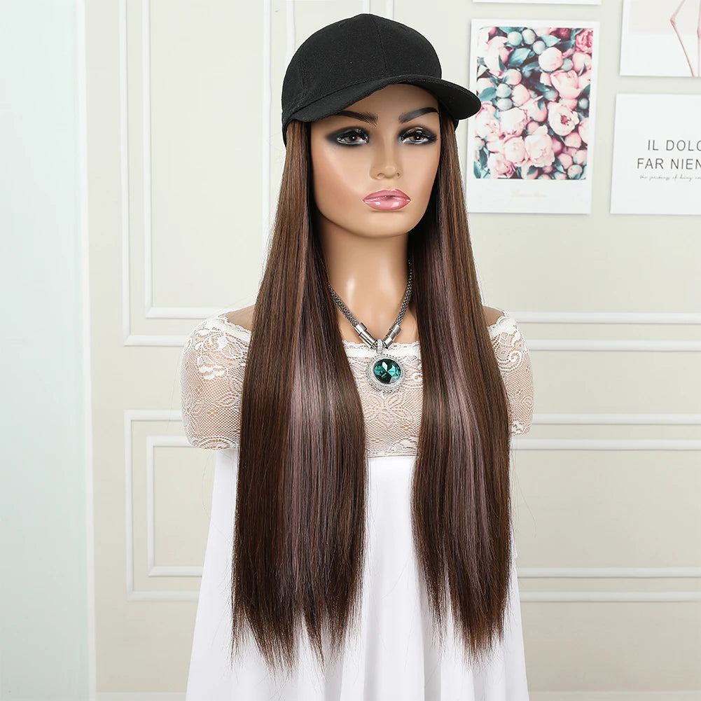 hat wig straight hair Synthetic Long Straight Baseball Cap with Hair Extensions 24 Inch High Quality fiber Adjustable Wig Hat for Women Girls
