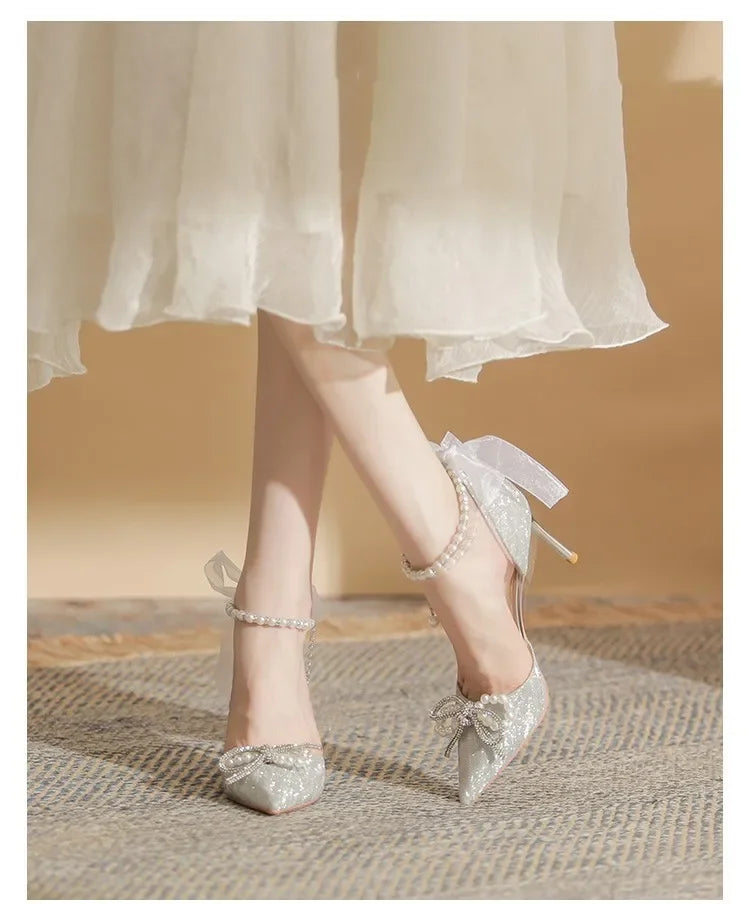 Women High Heeled Sandals Summer Fashion Bow Pearl Woman Pointed Toe Pumps Elegant Woman Sandals Party Lady Shoes