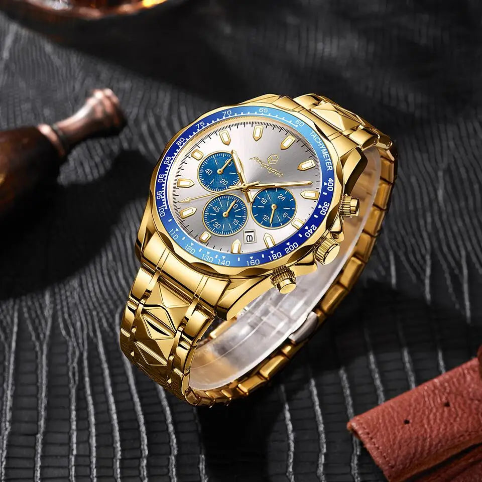 POEDAGAR Luxury Gold Watches Men Business Waterproof Luminous  Fashion Stainless Steel Date Week Band Male's Quartz Watch Reloj