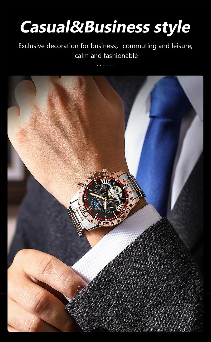 POEDAGAR Brand Luxury Tourbillon Mechanical Watch for Men Waterproof Luminous Date Week Stainless Steel Hollow Watches Men's