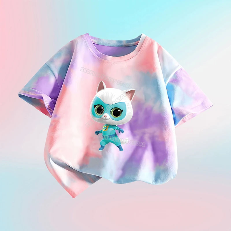 Kawaii Super Kitties Children T-shirt Tops Baby Cute Cat Short Sleeve Casual Clothes Girl Kids Tie Dye Tops Clothing Shirts Gift