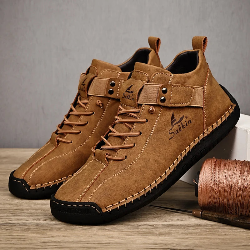 New 2025 Handmade Leather Casual Men Shoes Design Sneakers Man Breathable Leather Shoes Ankle Boots Outdoor Non Slip Walking