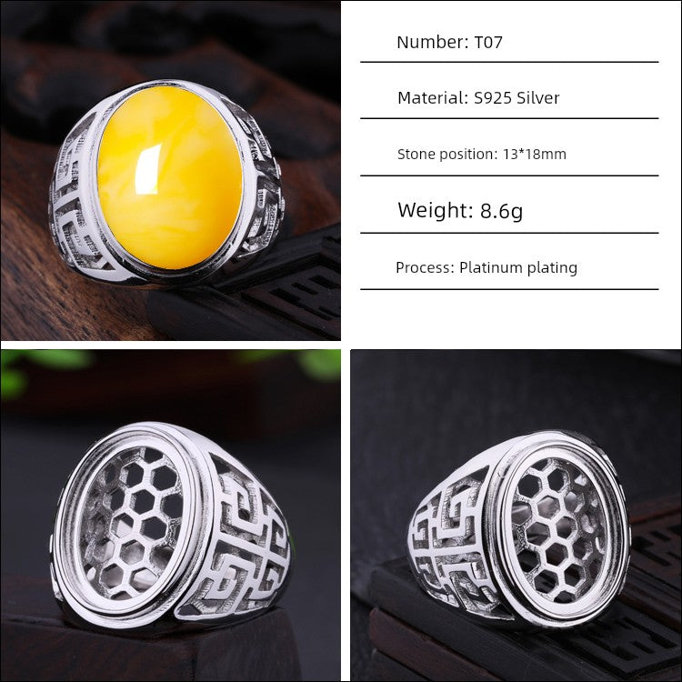 S925 Sterling Silver Ring Frame DIY Inlaid Beeswax Turquoise Amber South Red Ring Gem Opening Men Square Ring Setting