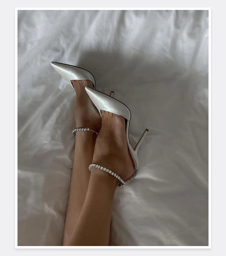 2025 New Mesh Hot Drilled Sexy Versatile Pointed Shallow Mouth Water Diamond Chain High Heels Baotou Sandals for Women