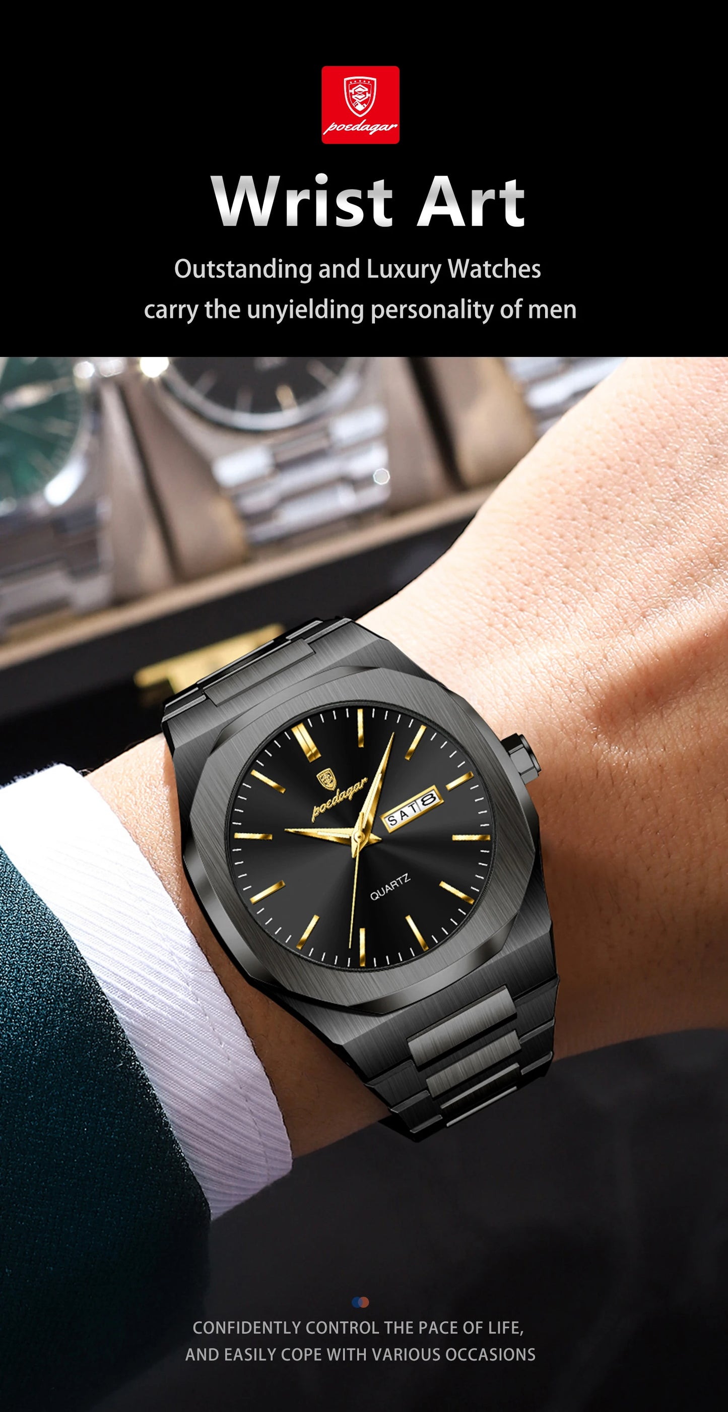 POEDAGAR Fashion Brand Male Watch Waterproof Luminous Stainless Steel Watches For Men Date Week Casual Quartz Men's Clock Reloj