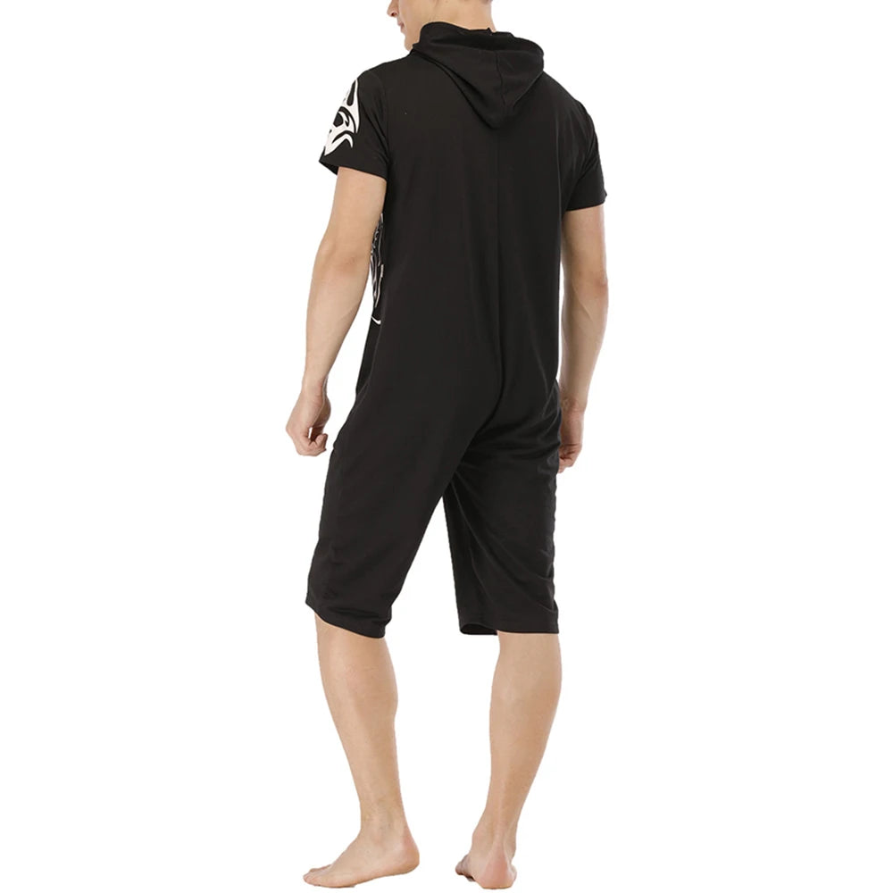 Men Short Sleeve Jumpsuit Sweatshirt Male Hoodies Zipper Overalls Bodysuit Rompers Short Pant Casual Home Wear Tracksuit Pajamas