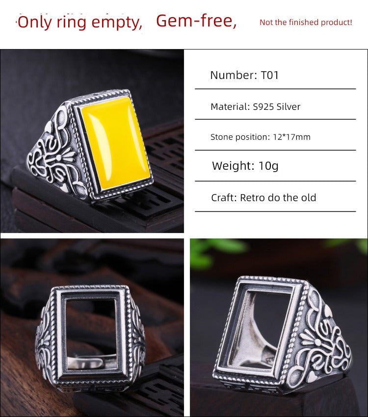 S925 Sterling Silver Ring Frame DIY Inlaid Beeswax Turquoise Amber South Red Ring Gem Opening Men Square Ring Setting