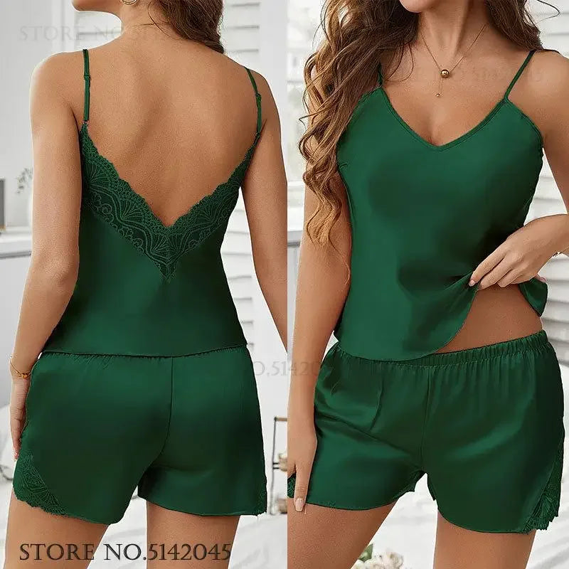 Sexy Suspender Pajamas Set Intimate Lingerie Loose Summer Women Sleepwear Home Clothes Backless Lace Strap Top&shorts Pyjama