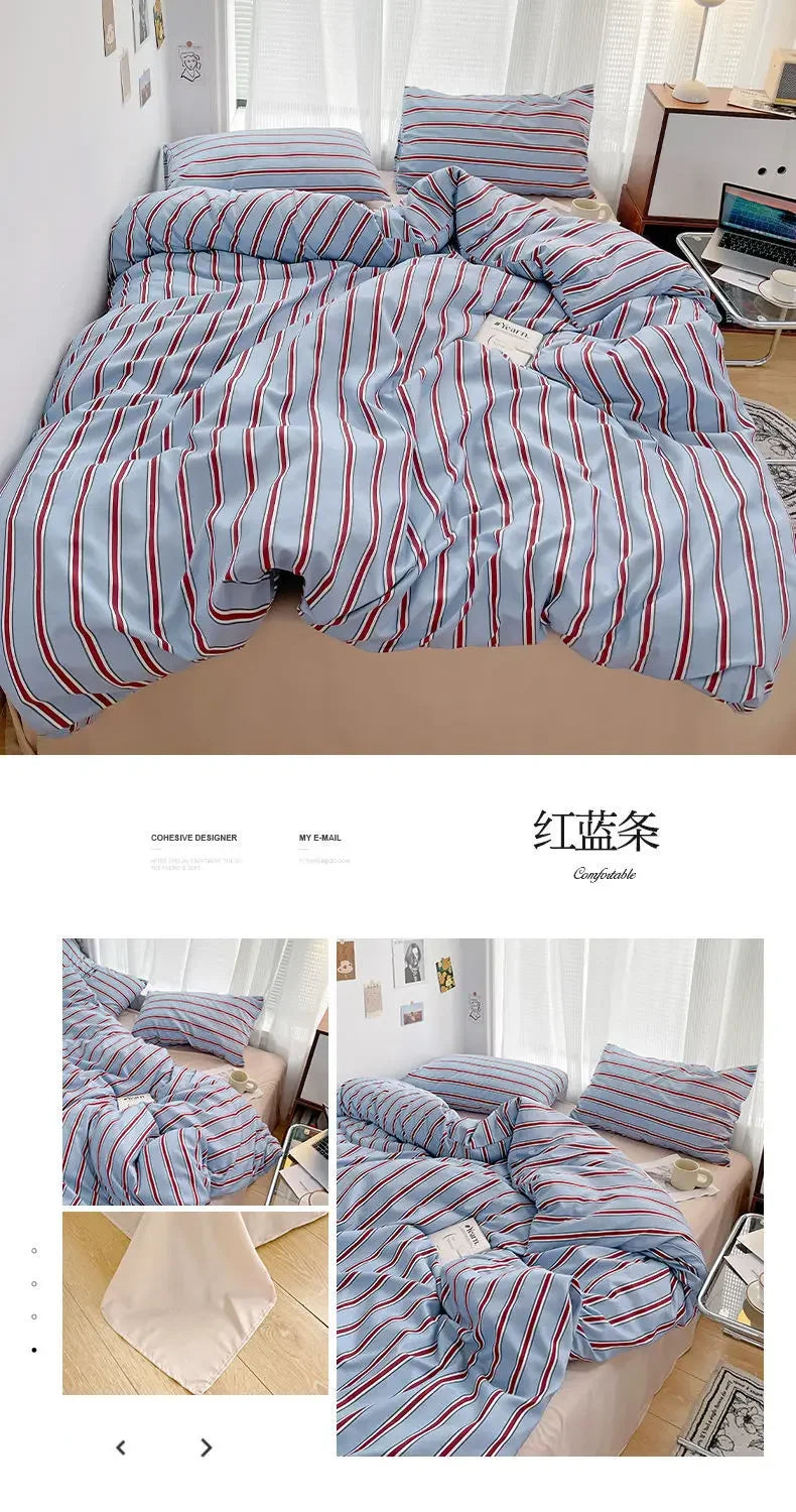 Simple Red and Blue Striped Duvet Cover and Four Piece Bed Sheet Set with Washed Cotton Bedding on the Bed