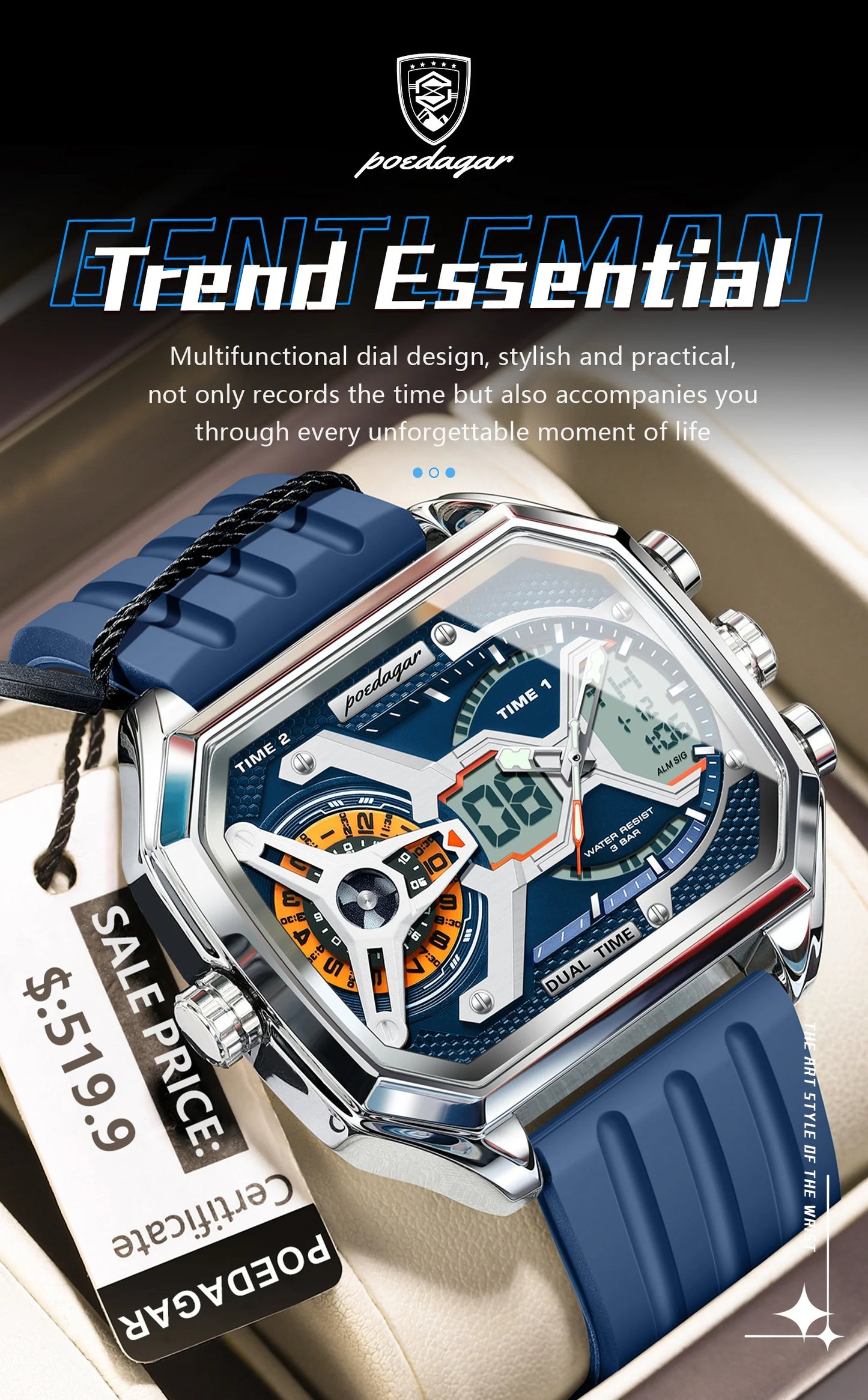 POEDAGAR Top Luxury Men Clock Date Week Luminous LED Man Watch Silicone Strap Electronic Dual Time Fashion Men's Quartz Watches