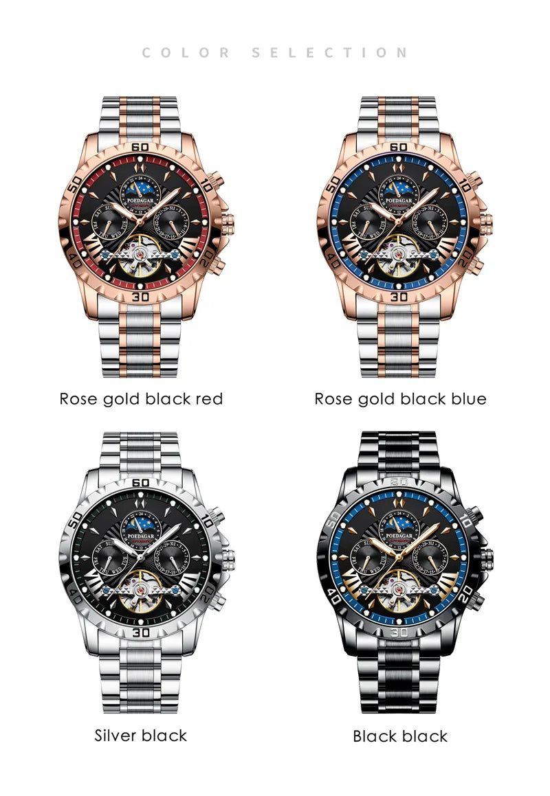 POEDAGAR Brand Luxury Tourbillon Mechanical Watch for Men Waterproof Luminous Date Week Stainless Steel Hollow Watches Men's
