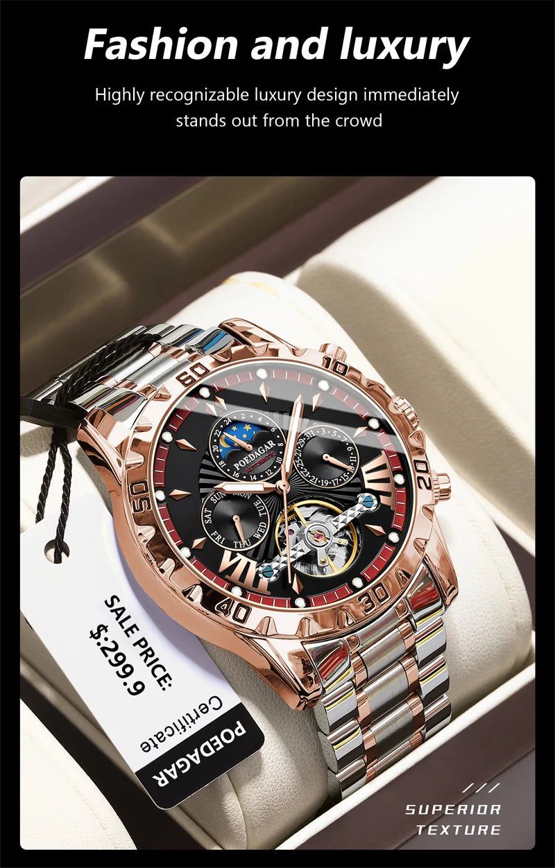 POEDAGAR Brand Luxury Tourbillon Mechanical Watch for Men Waterproof Luminous Date Week Stainless Steel Hollow Watches Men's