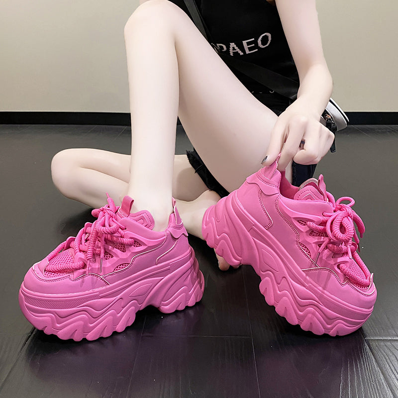 Hidden Heels White Chunky Sneakers Women Breathable Lace Up High Platform Shoes Woman 2025 Autumn Non-Slip Thick Bottom Sneakers