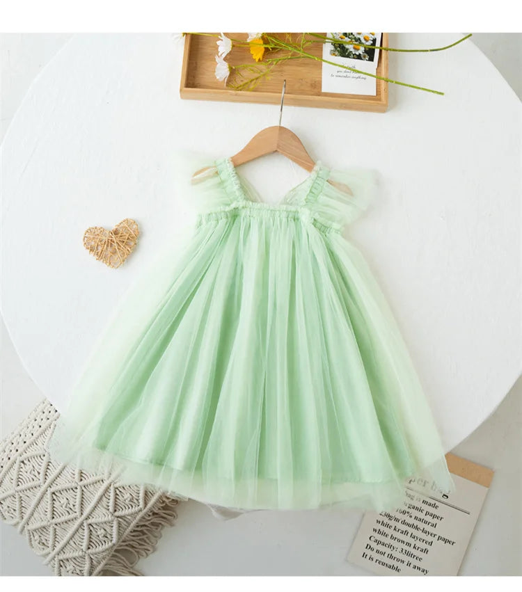 Children's Girl Dresses With Butterfly Wing Fashion Kids Tulle Dress For Girls 2-8Y Summer New Sleeveless Mesh Princess Clothes
