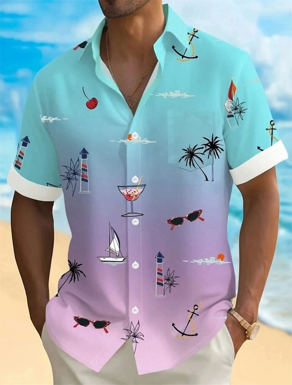 Hawaiian Men's Coconut Palm Tropical Plants Shirt Summer Casual Lapel Short Sleeve Shirts Male Outdoor Travel Oversized Clothing