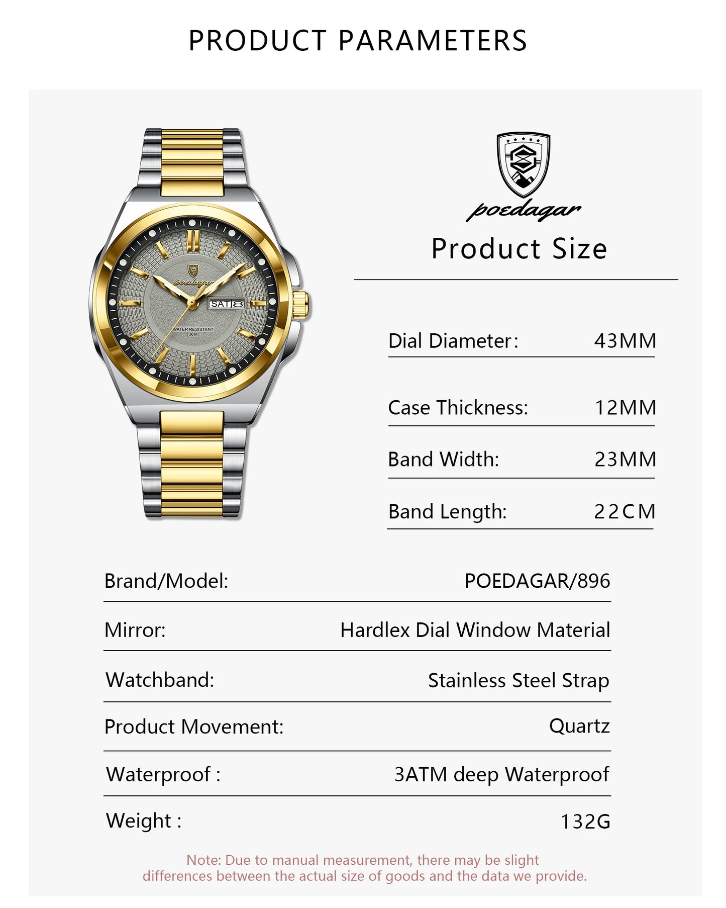 POEDAGAR Luxury Men's Wristwatch Stainless Steel Date Week Man Watch Waterproof Luminous Business Fashion Quartz Watches For Men