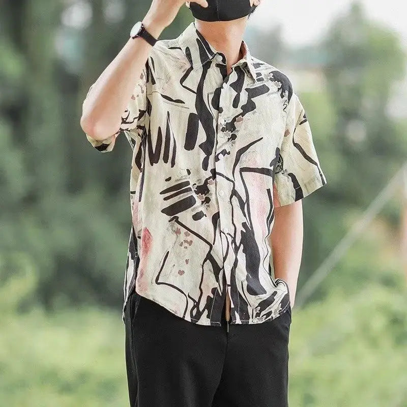 Short Sleeve  Fashion Turn-down Collar Simple Comfortable Versatile Selling Trend Temperament Comfortable Shirts Tops Print Men