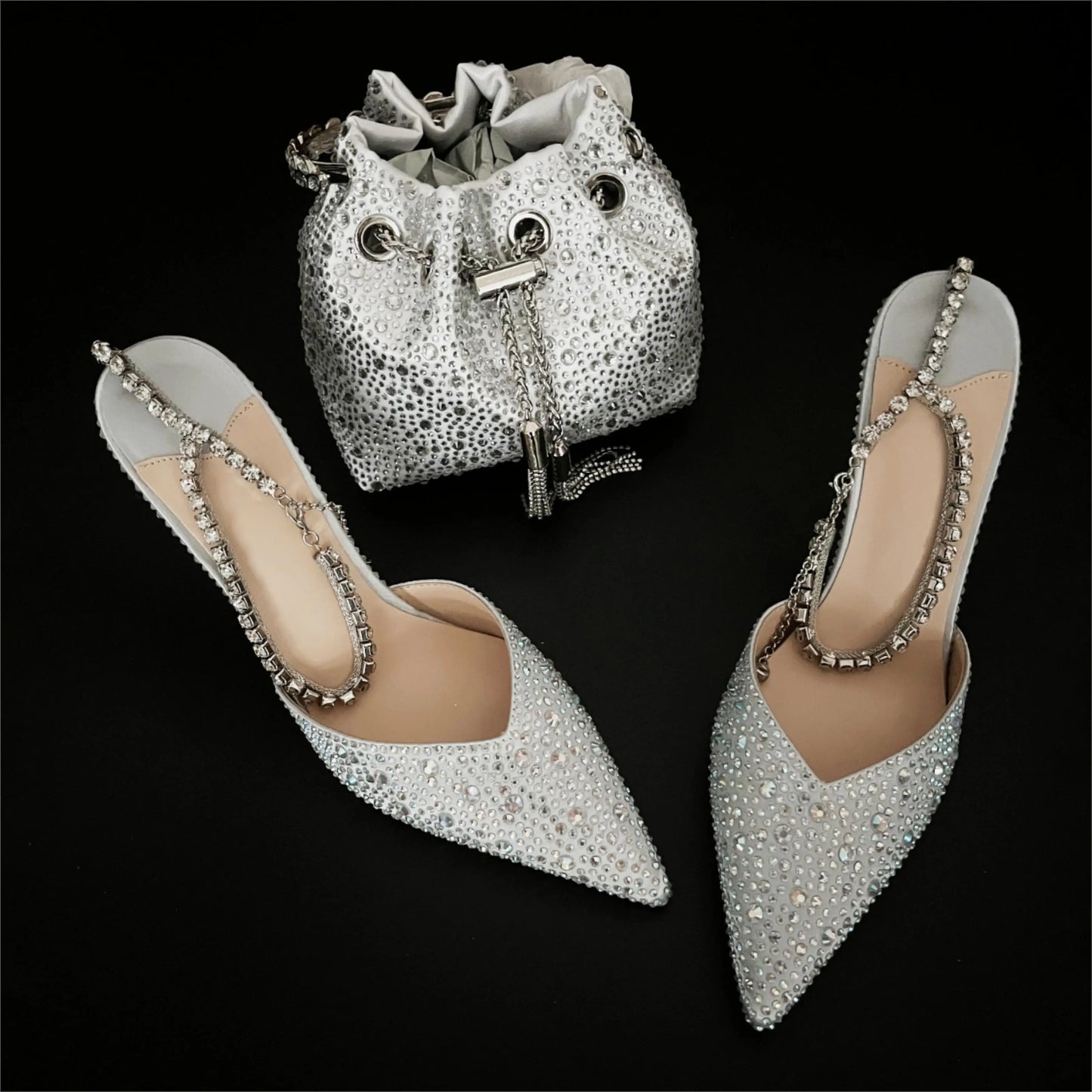 CHMURY Pointed Toe Rhinestone Heels and bag Set for Women Luxury Wedding Party