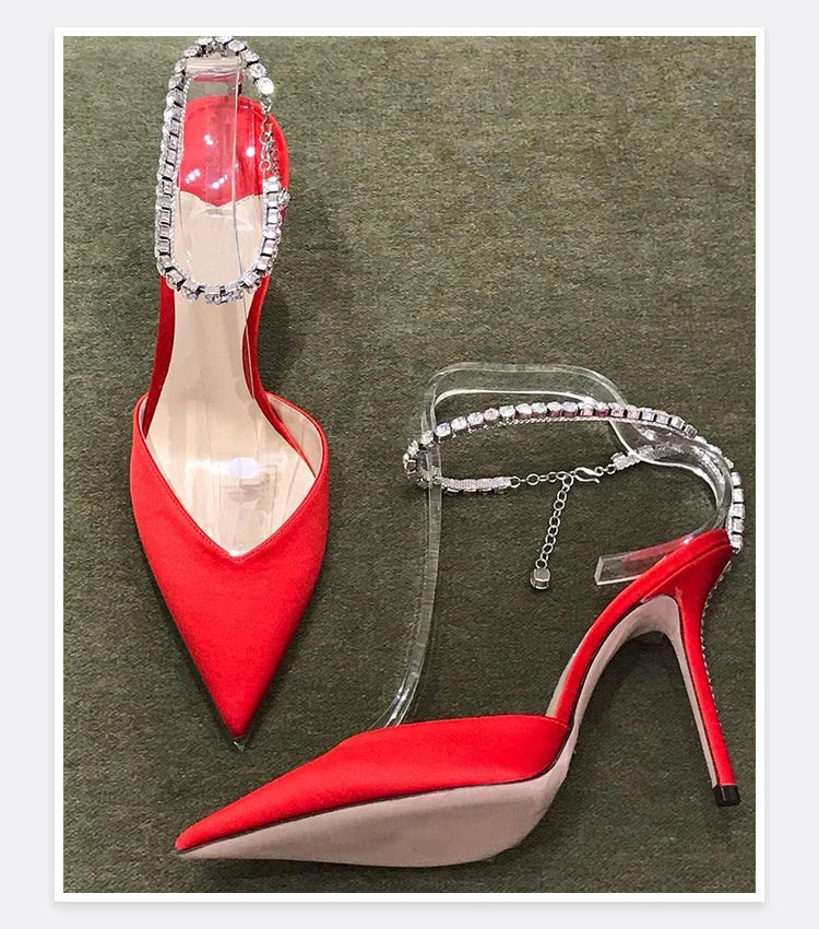 2025 New Mesh Hot Drilled Sexy Versatile Pointed Shallow Mouth Water Diamond Chain High Heels Baotou Sandals for Women