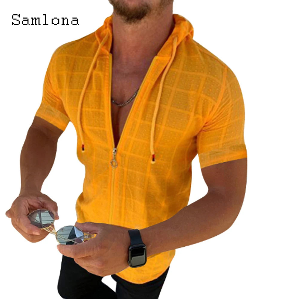 Fashion Long/Short sleeved Hoodie Zipper T shirt Men clothing Summer Solid color Casual Plaid print Open Stitch Thin Tshirt Mens