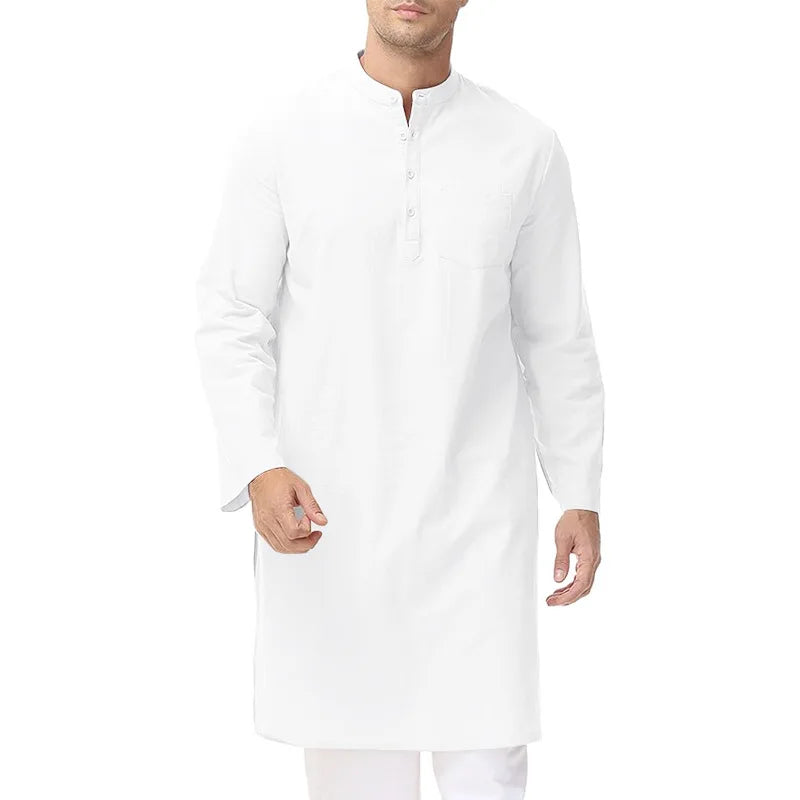 Inheritance of Ethnic Culture! Men's Long-Sleeve Thobe with Side Slits and Buttons, Classic Style of Traditional Ethnic Clothing