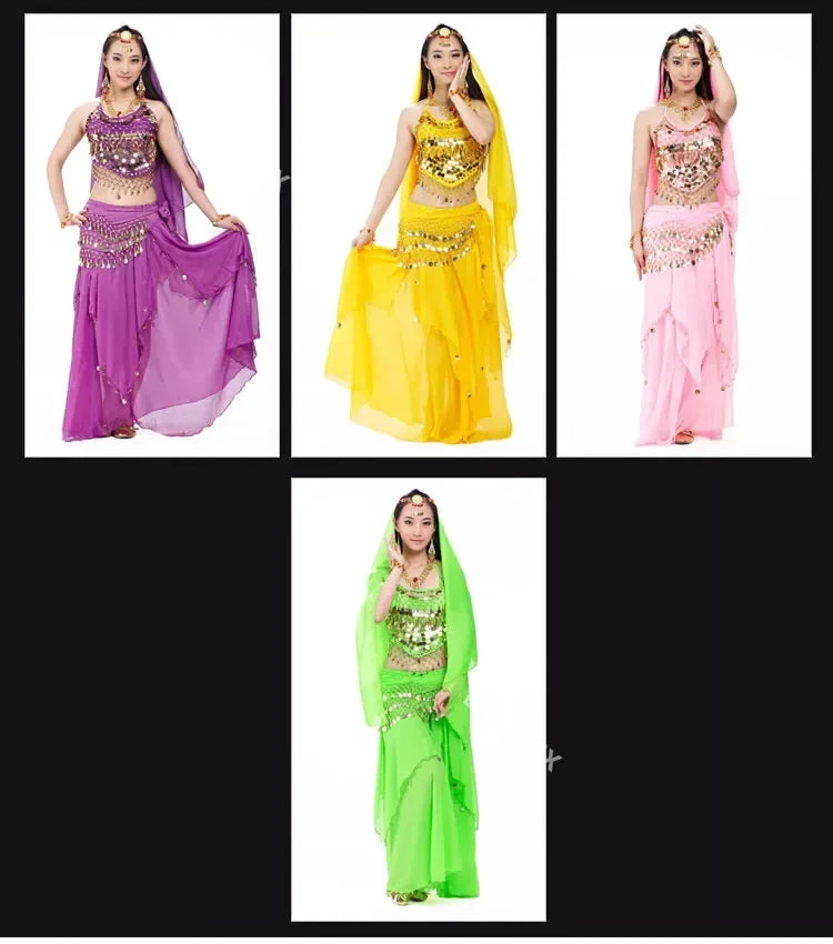 Indian Costume Set 4-pieces Belly Dance Veil Top Coins Hip Scarf Skirt Belly Dance Costume Women