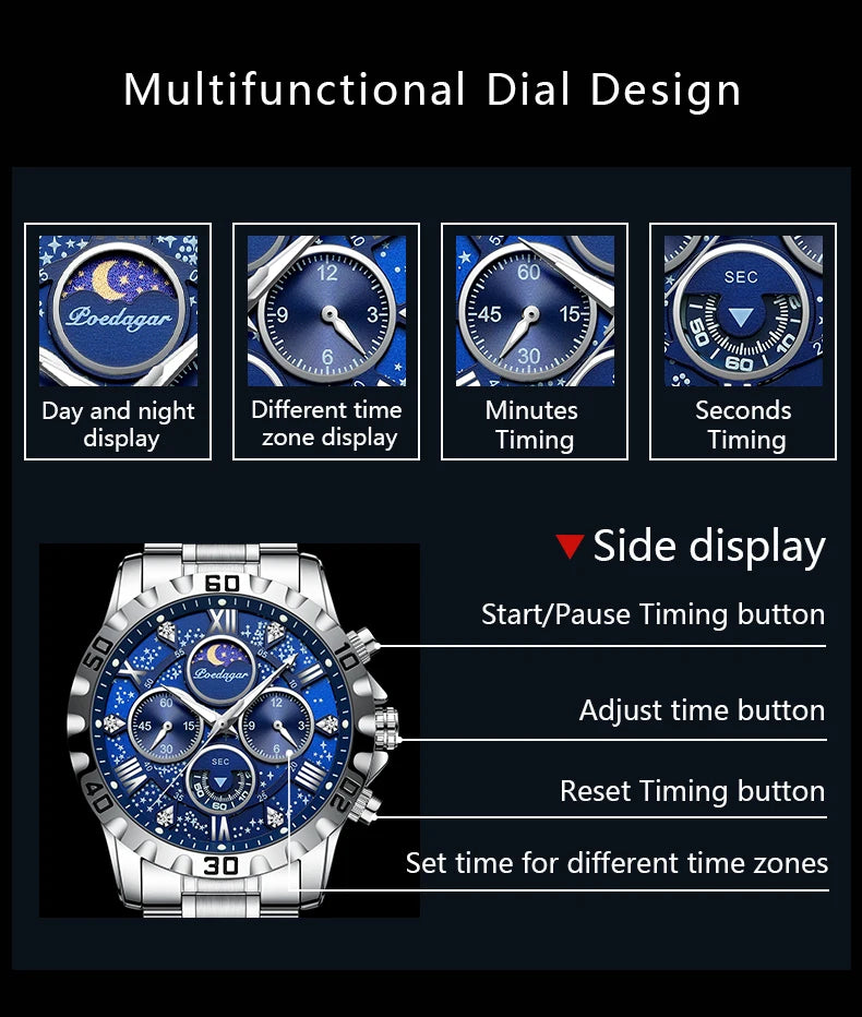 POEDAGAR Luxury Military Watches For Men Stainless Steel Quartz Waterproof Luminous Man Watch Chronograph Sport Men's Wristwatch