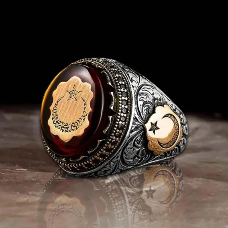 Male Ring Personality Hand Engraved Pattern Handmade Lustrous Vintage Red Stone Turkish Signet Ring Finger Jewelry Accessory ﻿