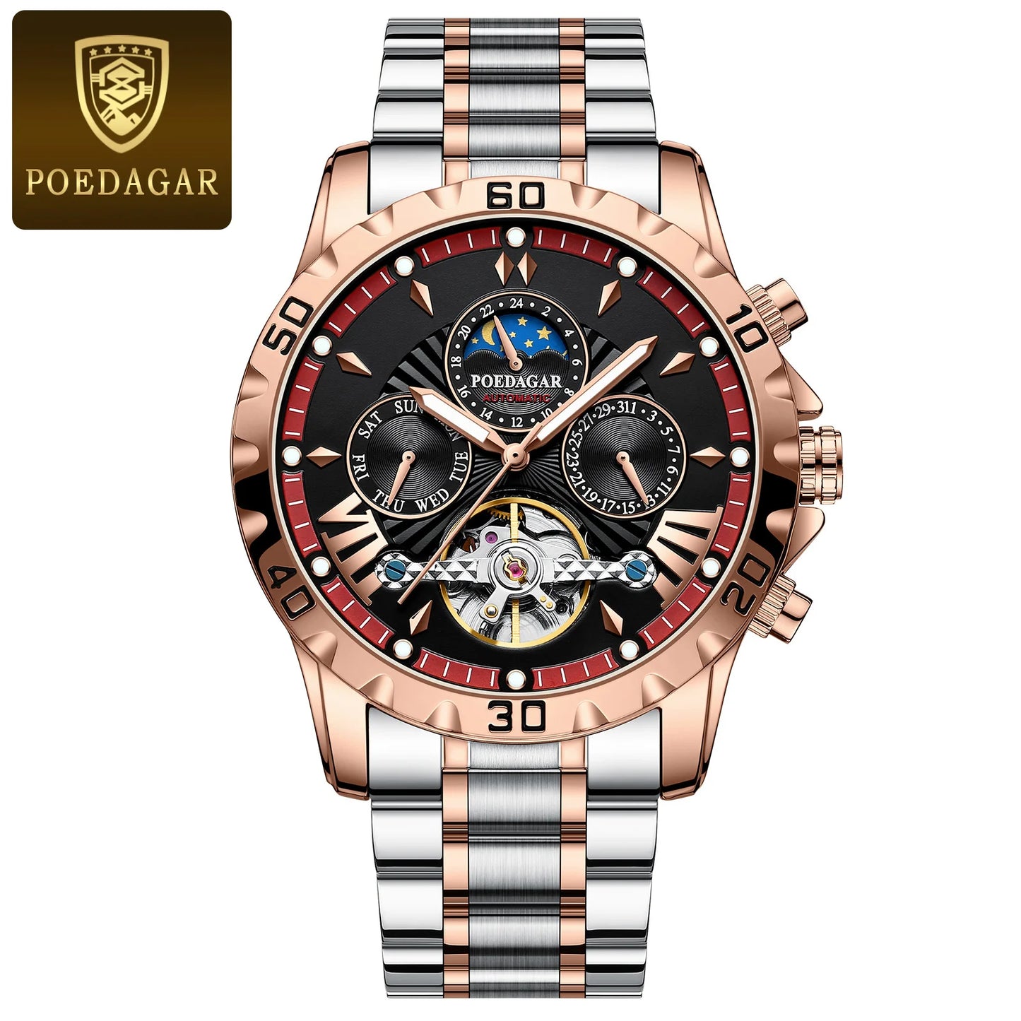 POEDAGAR Luxury Automatic Mechanical Wristwatch Waterproof Luminous Date Week Tourbillon Leather Men Watch Men's Fashion Watches