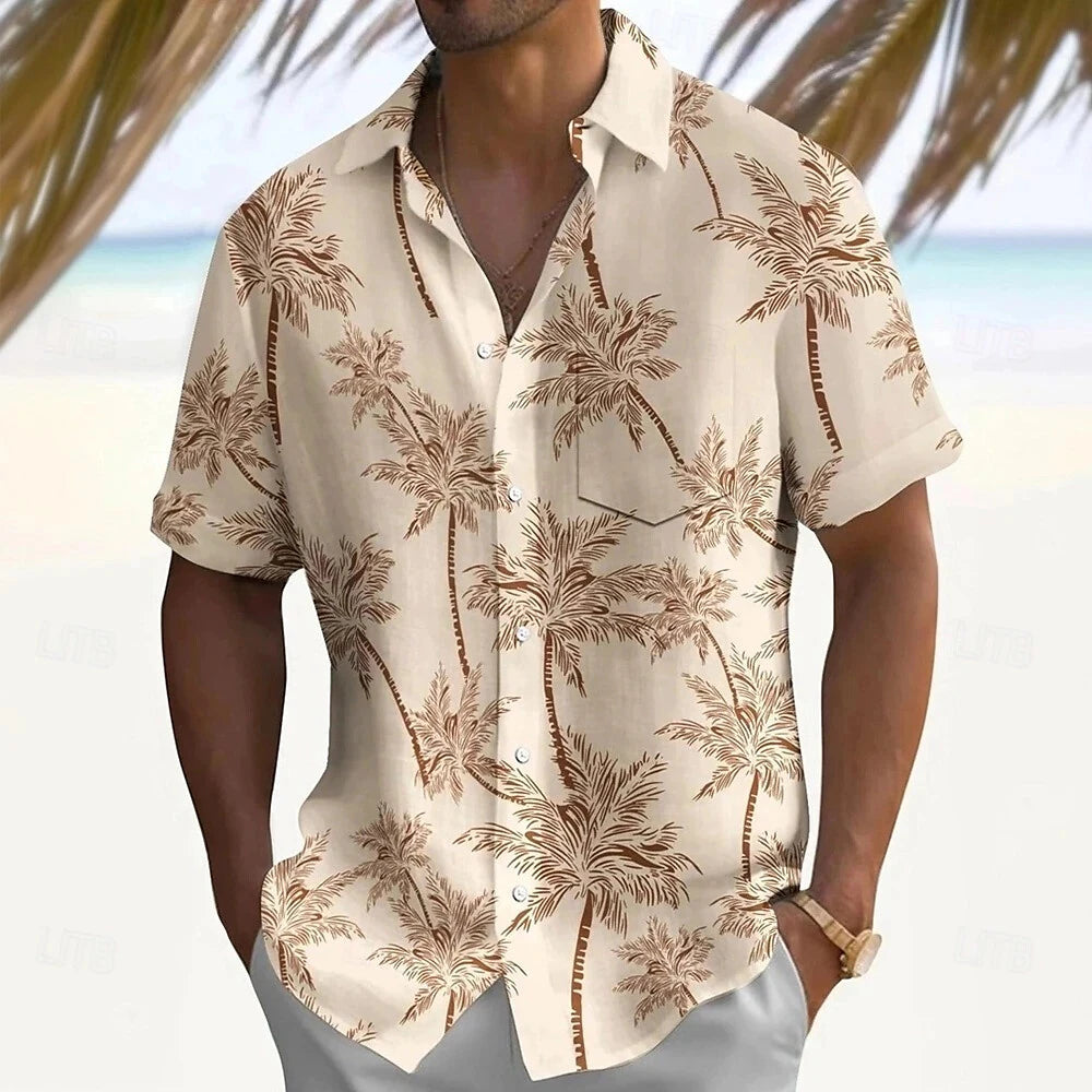 Hawaiian Men's Coconut Palm Tropical Plants Shirt Summer Casual Lapel Short Sleeve Shirts Male Outdoor Travel Oversized Clothing