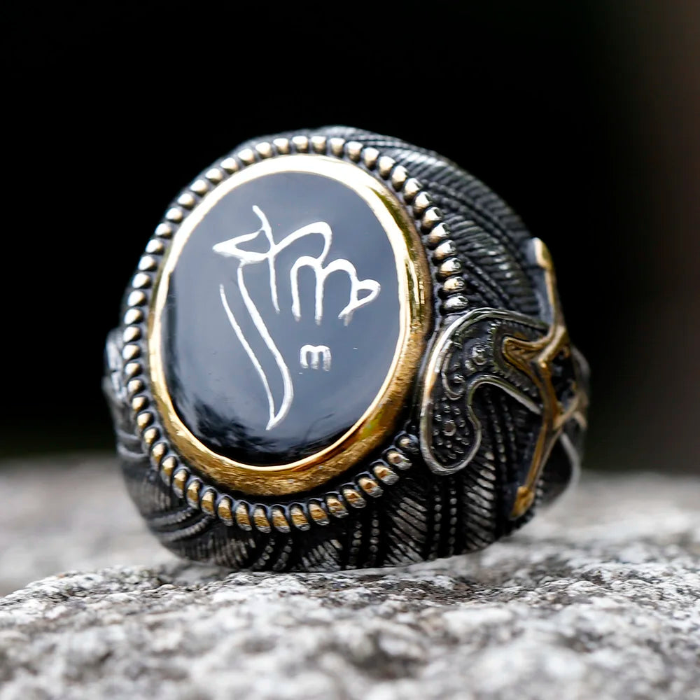 316L Stainless Steel Turkish Signet Ring Zircon Stone Ethnic Style Jewelry Black Size 9