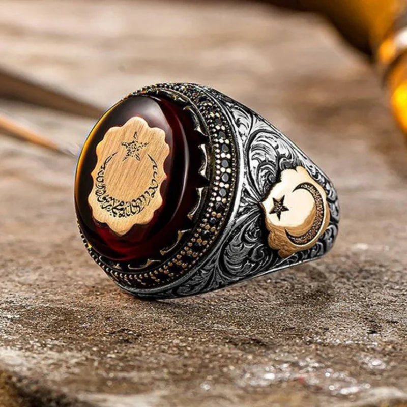 Business Men's Ring Vintage Hand Engraved Pattern Turkish Signet Ring for Men Fashion Set Red Stone Seal Islamic Muslim Jewelry