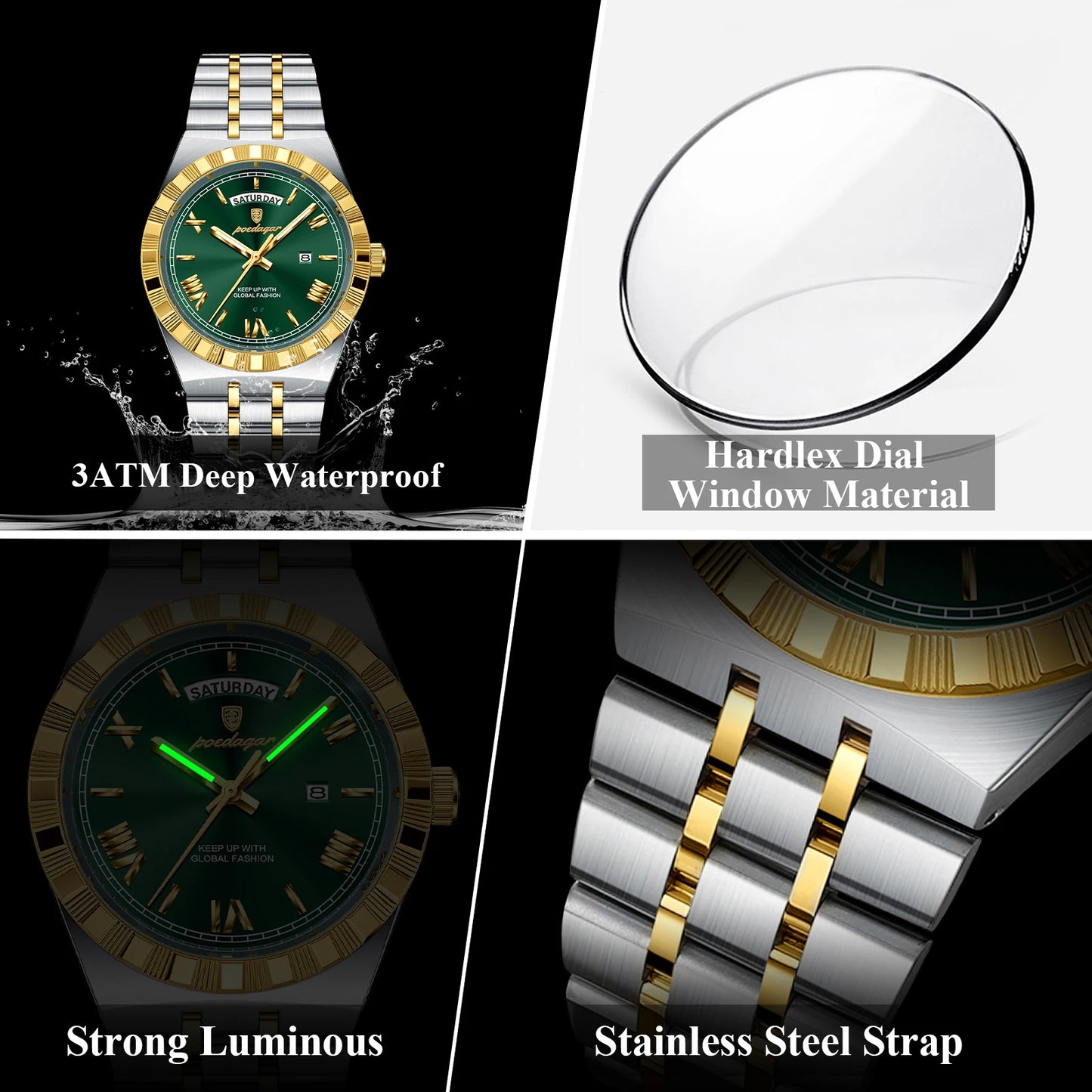POEDAGAR Original Men's Watch Luminous Waterproof Week Date Man Wristwatch Stainless Steel Business Quartz Watches For Men Reloj