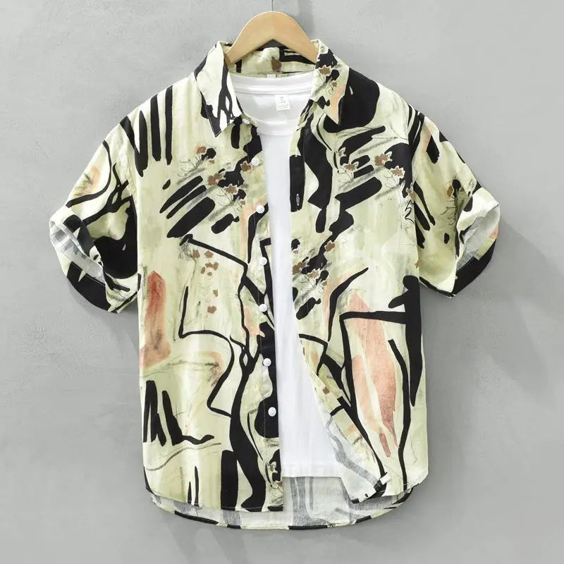 Short Sleeve  Fashion Turn-down Collar Simple Comfortable Versatile Selling Trend Temperament Comfortable Shirts Tops Print Men