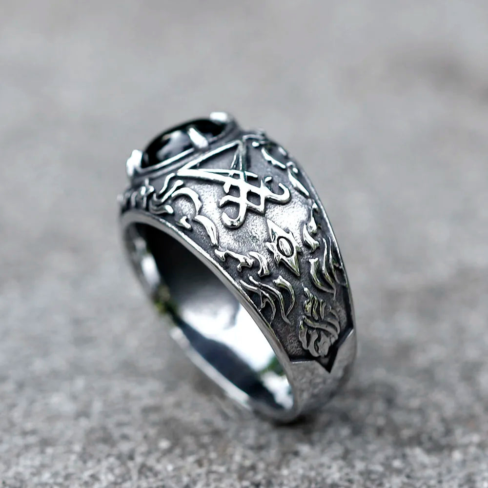 Men's Lucifer Satan Signet Ring With Black Stone Stainless Steel Vintage Jewelry Size 7