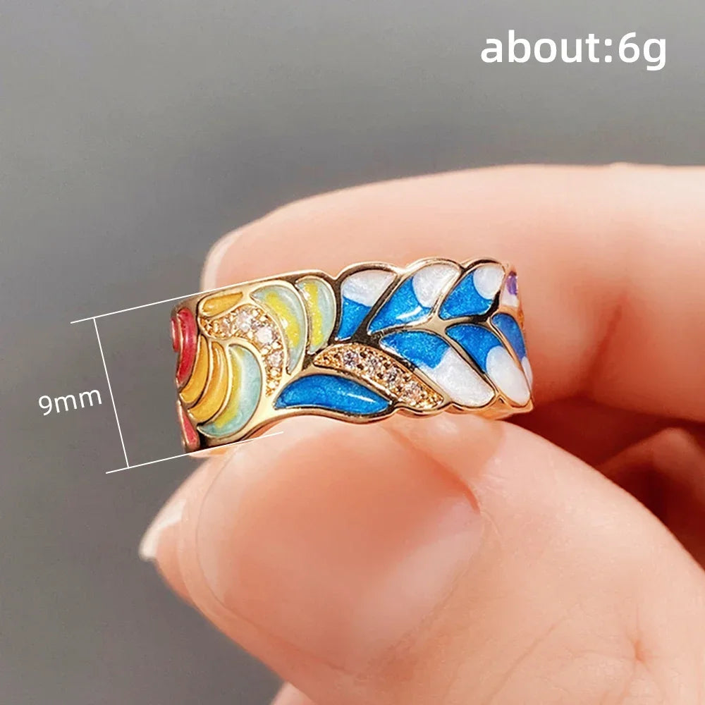 Huitan Newly Designed Colored Enamel Women Rings for Party Aesthetic Pattern  Luxury Gold Color  Fancy Gift Fashion Jewelry