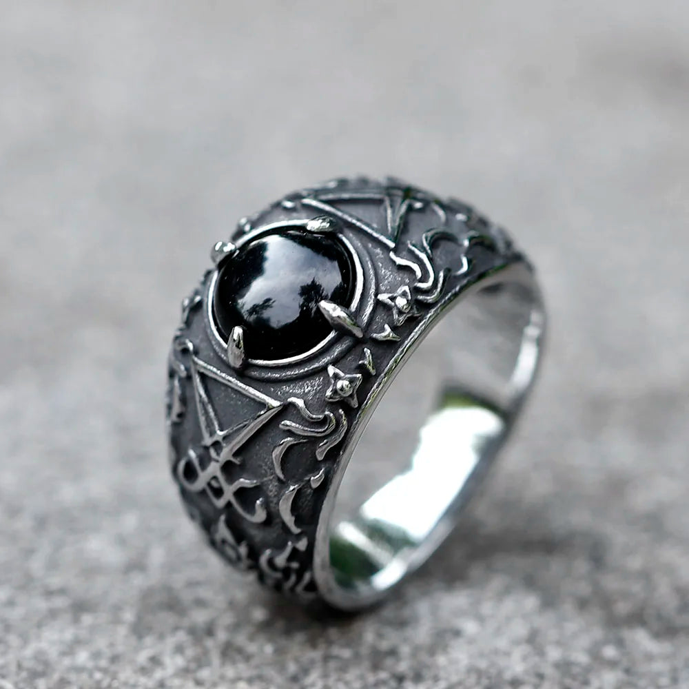 Men's Lucifer Satan Signet Ring With Black Stone Stainless Steel Vintage Jewelry Size 7