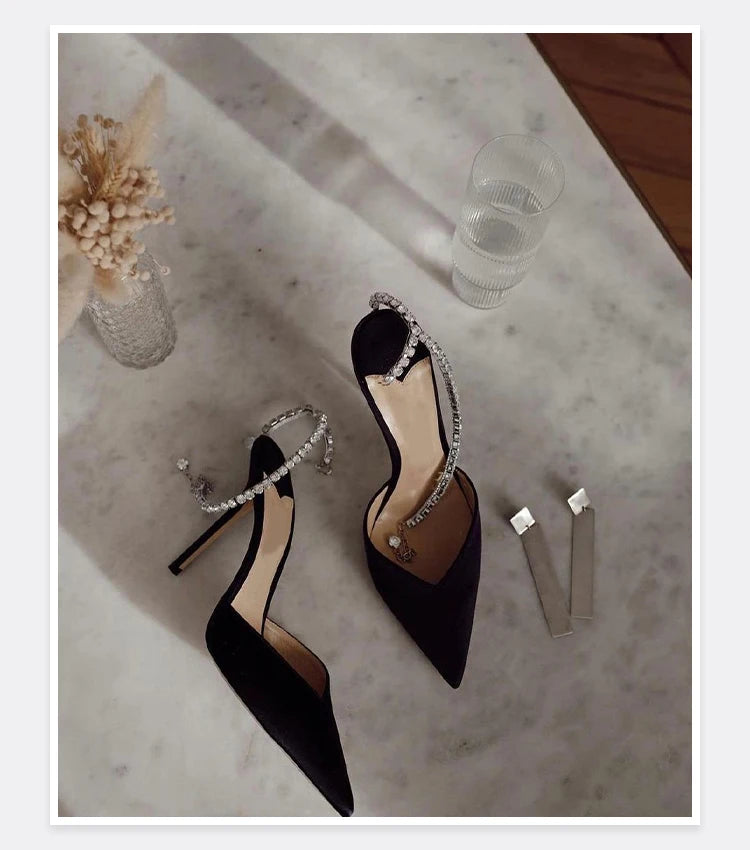 2025 New Mesh Hot Drilled Sexy Versatile Pointed Shallow Mouth Water Diamond Chain High Heels Baotou Sandals for Women