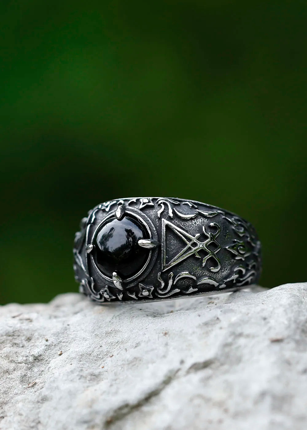 Men's Lucifer Satan Signet Ring With Black Stone Stainless Steel Vintage Jewelry Size 7