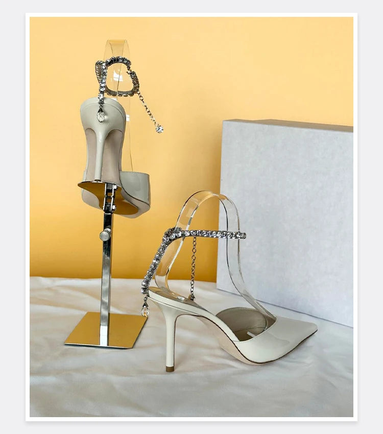 2025 New Mesh Hot Drilled Sexy Versatile Pointed Shallow Mouth Water Diamond Chain High Heels Baotou Sandals for Women