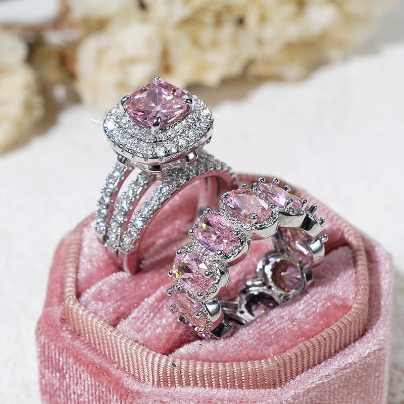 Huitan New Trendy Set Rings for Women Pink/White/Green/Black Cubic Zirconia Rings Gorgeous Wedding Accessories Eternity Jewelry