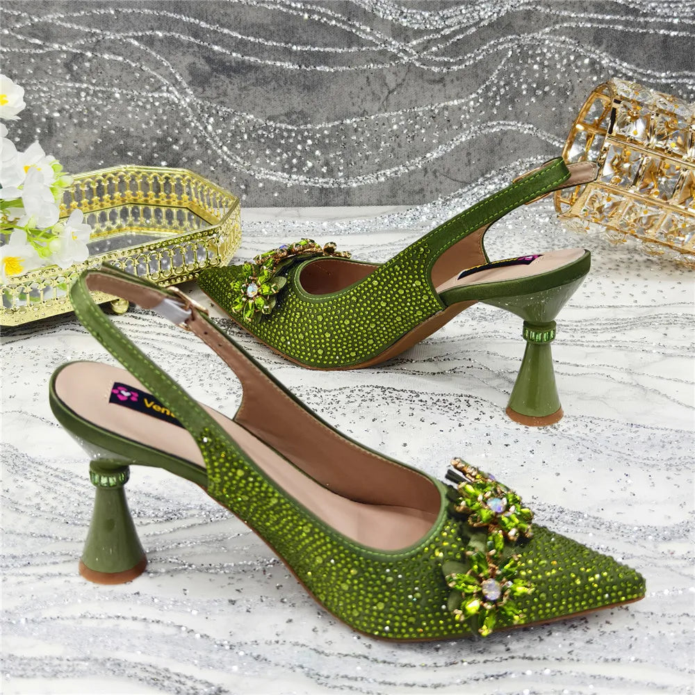 Popularity Pointed Toe High Heels Shoes and Bags Set With Rhinestone for Women Wedding Party Elegant Luxury Fashion