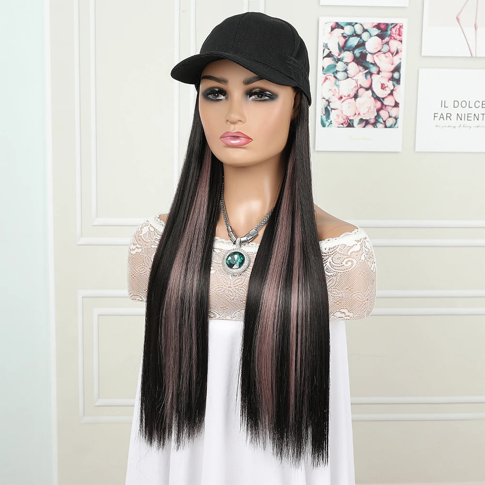 hat wig straight hair Synthetic Long Straight Baseball Cap with Hair Extensions 24 Inch High Quality fiber Adjustable Wig Hat for Women Girls