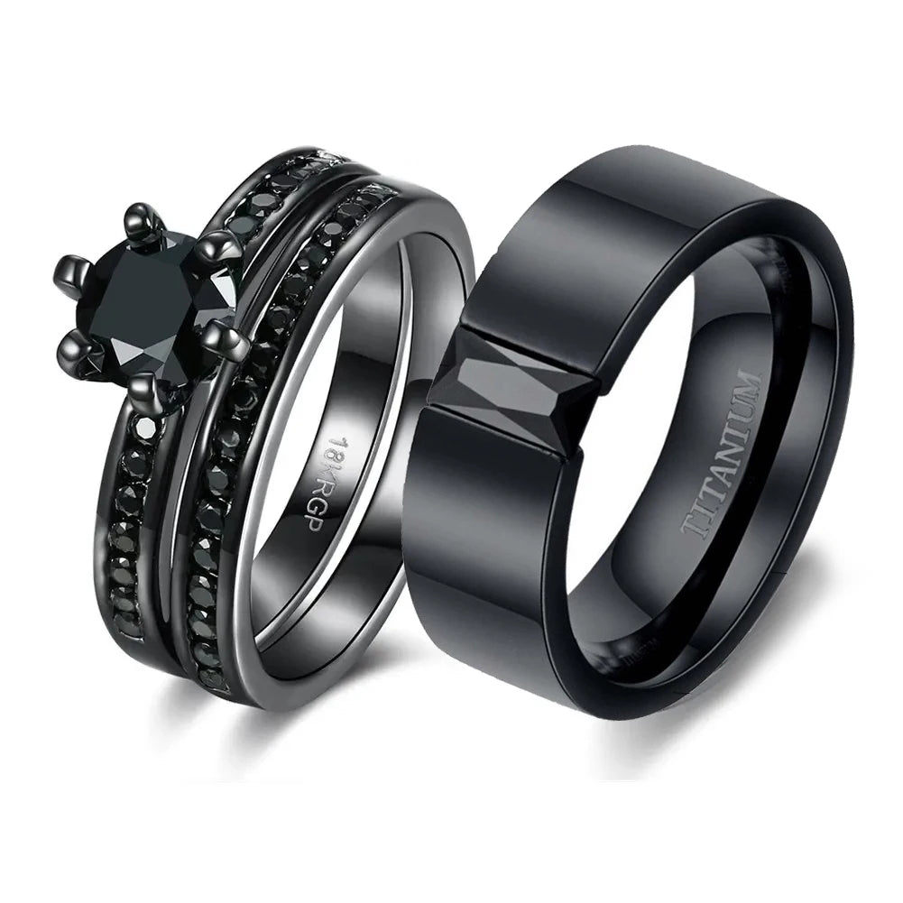 Fashion Couple Rings Women's Black Rhinestones Zirconia Rings Set Men's Stainless Steel Zirconia Rings Wedding Band Jewelry Gift