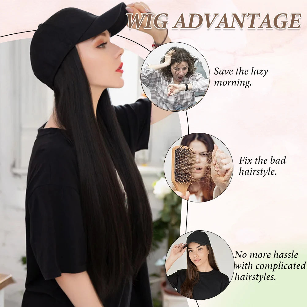 hat wig straight hair Synthetic Long Straight Baseball Cap with Hair Extensions 24 Inch High Quality fiber Adjustable Wig Hat for Women Girls