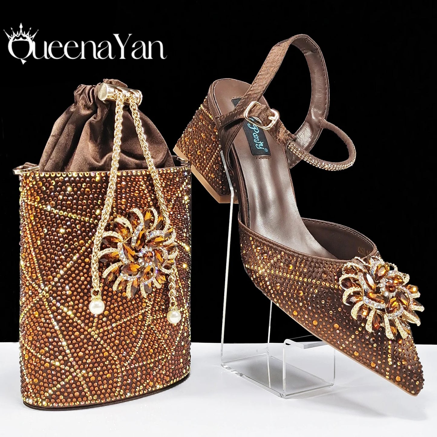 QueenaYan African Ladies Elegant Pointed Toe Shoes with shiny Metal Stand Bag Women Party Shoes or Commuting Shoes and Bag Set