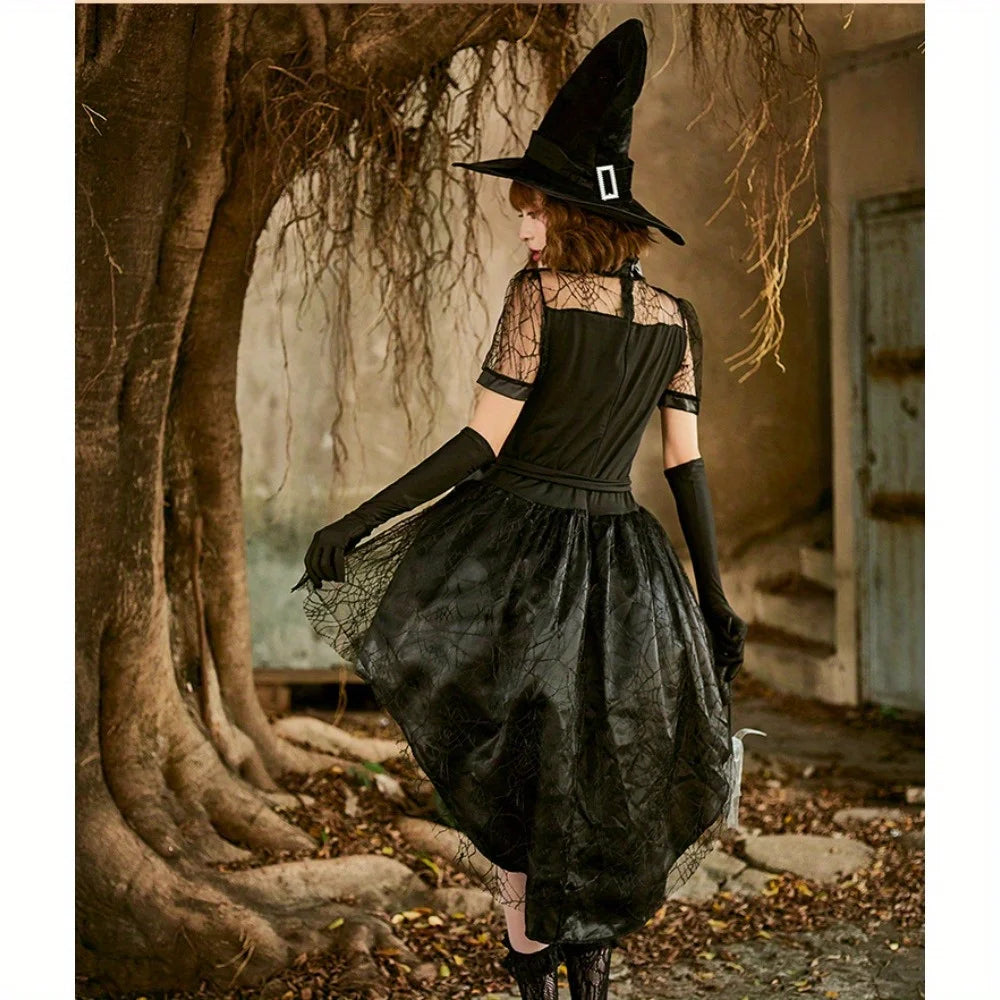 Halloween Black Mesh Hollow Witch Tailcoat Costume: Gothic Sorceress Cosplay Outfit for Party Performances