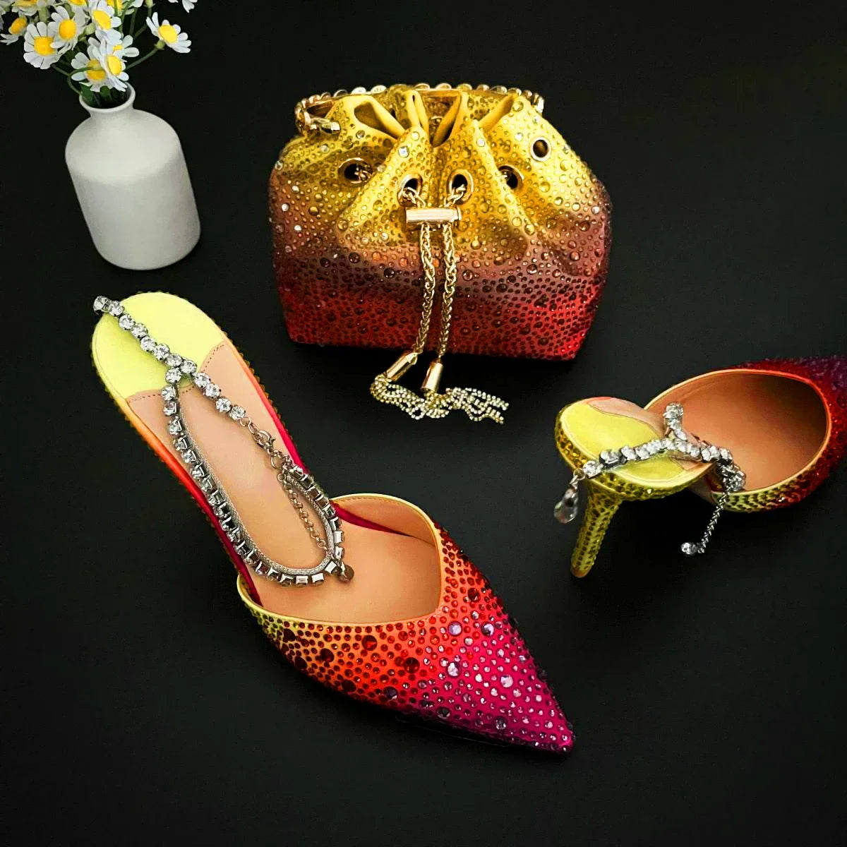 CHMURY Pointed Toe Rhinestone Heels and bag Set for Women Luxury Wedding Party